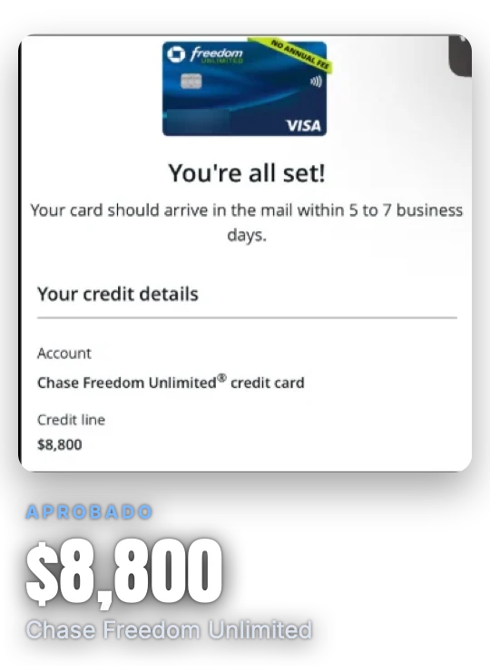 Aprobado con línea de 8,800 dólares en Chase Freedom Unlimited