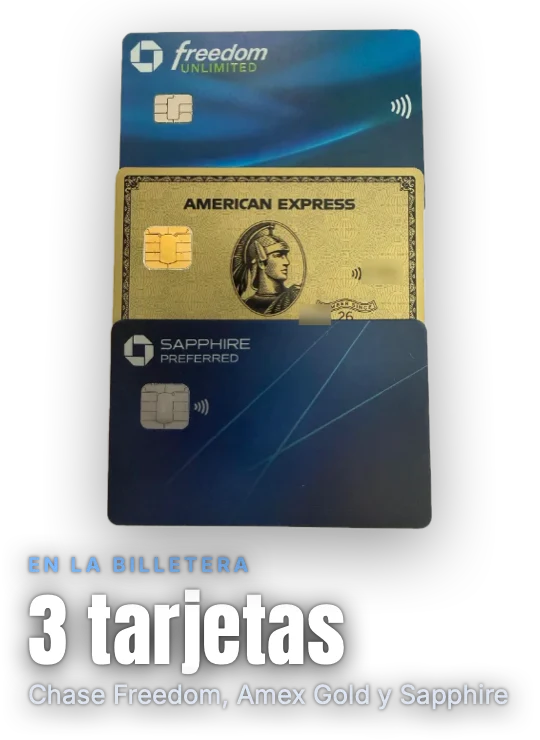 Tres tarjetas en la billetera: Chase Freedom, Amex Gold y Sapphire